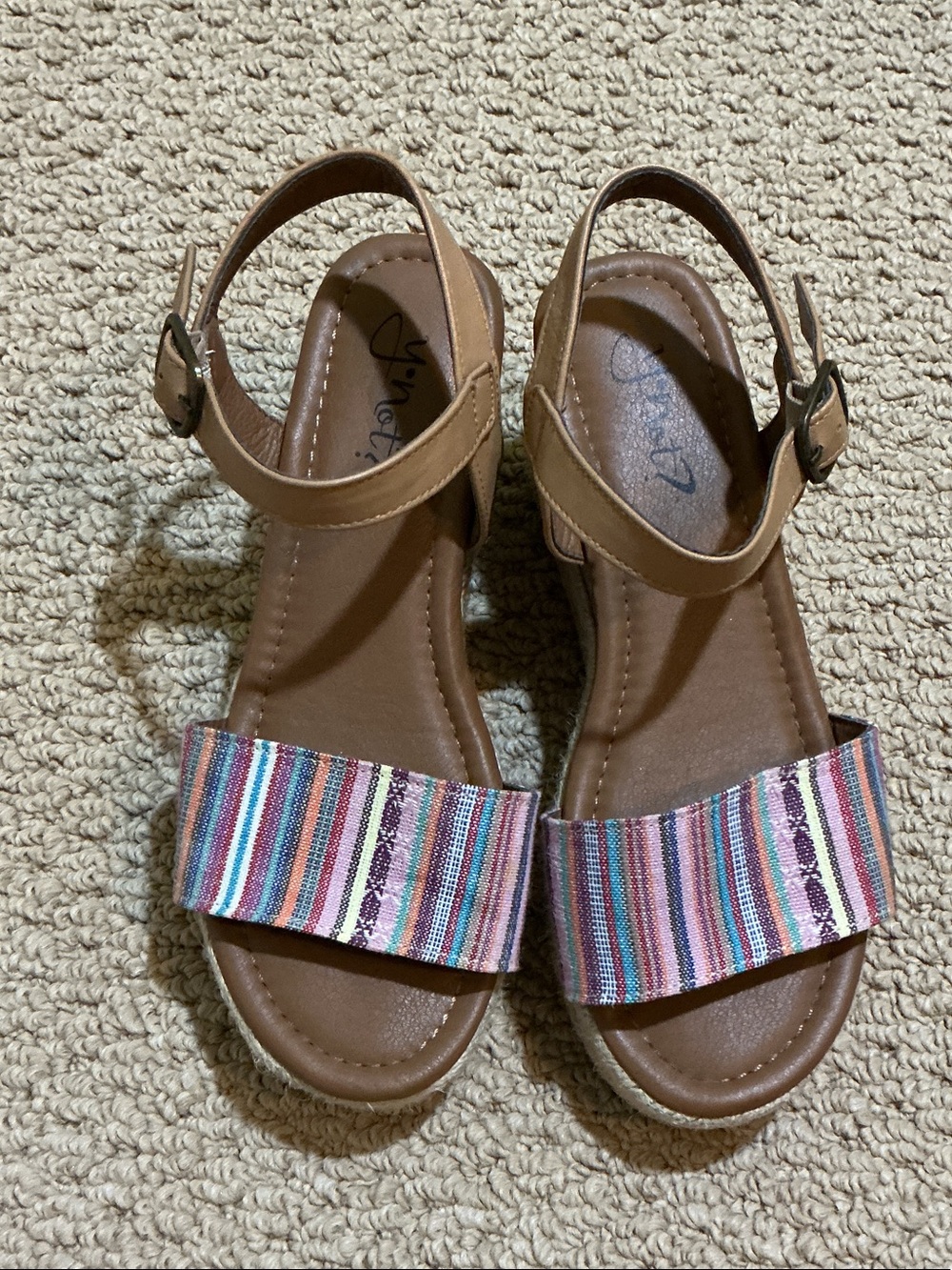 Women’s Tan Sandals with Colorful Striped Front Strap
